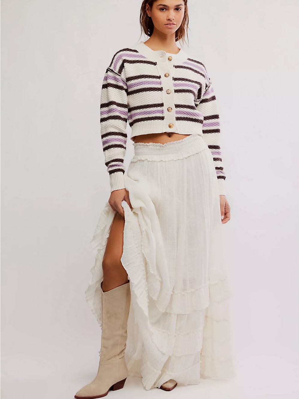 Free People Lila Stripe Cardigan Cropped Button Front Knit Sweater- Size Large